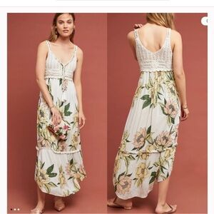 Farm Rio For Anthropologie Protea  Crochet Floral Metallic Maxi Dress Fairy Core